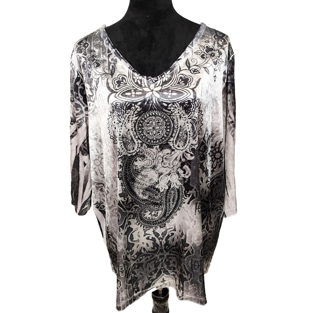 CATHERINES Size 2X Silver Black Velour Sublimation Tie Dyed Paisley Boho Blouse